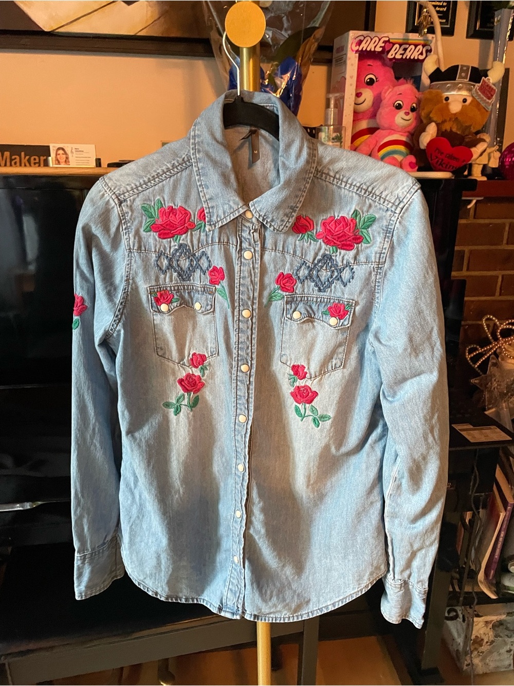 Stetson Light Blue Denim Button-Up Shirt with Red Rose Embroidery